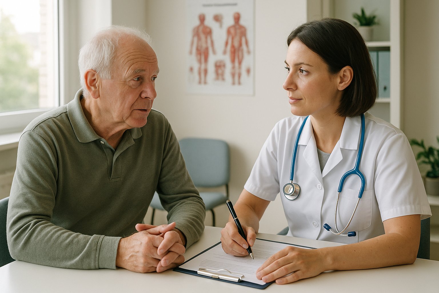 A healthcare professional explaining nasal spray usage to a patient.