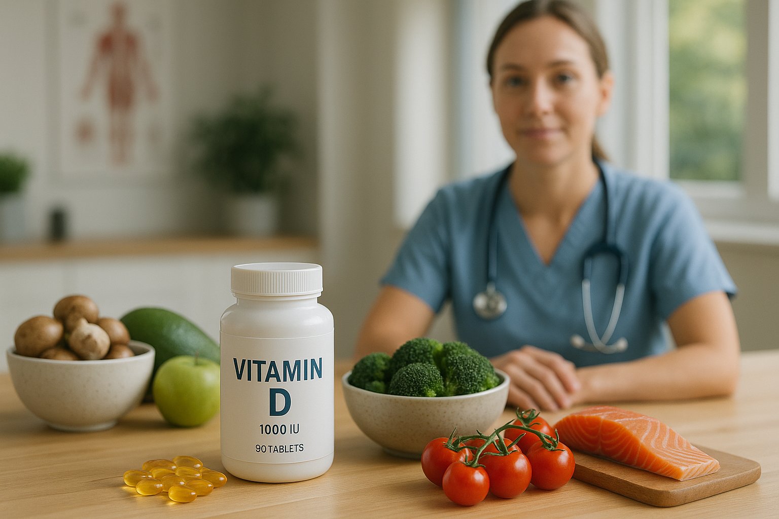 Vitamin D supplements on a wooden table